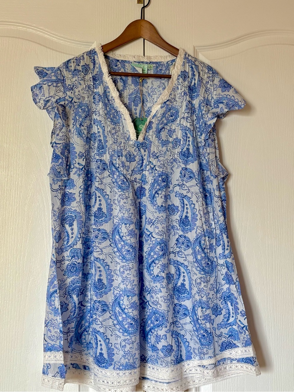 Blue Paisley V-Neck Swim Coverup Tunic with Lace Trim